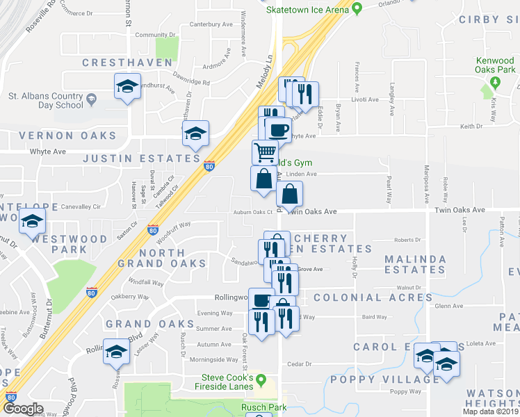 map of restaurants, bars, coffee shops, grocery stores, and more near 7473 Bellbrook Court in Citrus Heights