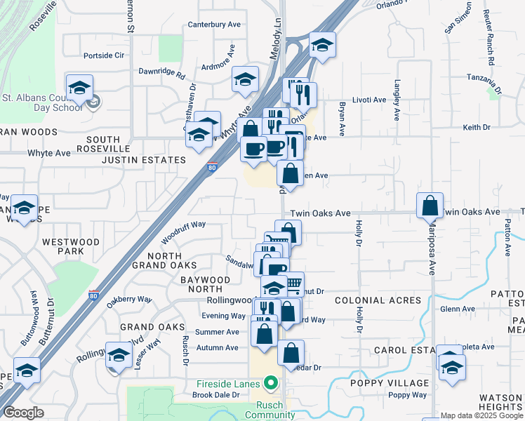 map of restaurants, bars, coffee shops, grocery stores, and more near 7473 Bellbrook Court in Citrus Heights