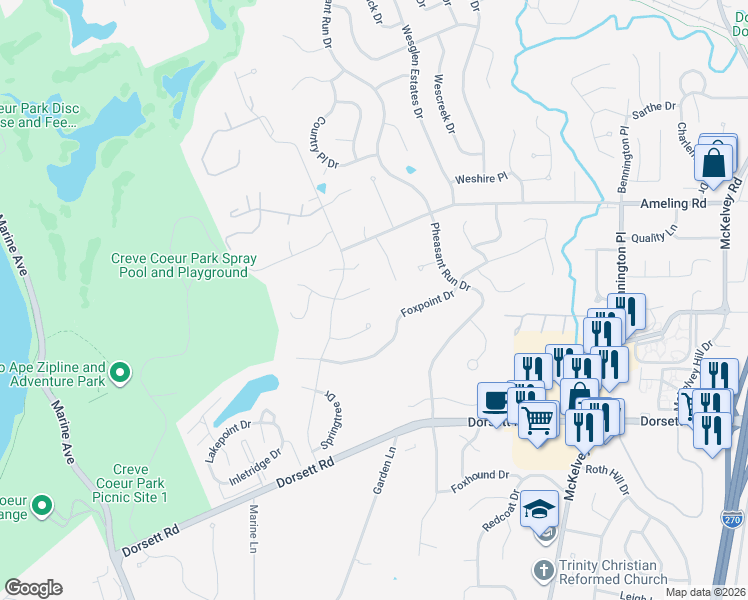 map of restaurants, bars, coffee shops, grocery stores, and more near 12203 Autumn Dale Court in Maryland Heights