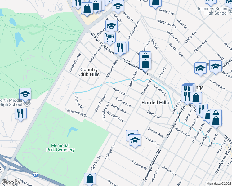 map of restaurants, bars, coffee shops, grocery stores, and more near 5620 Sapphire Avenue in Jennings
