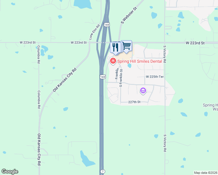 map of restaurants, bars, coffee shops, grocery stores, and more near 22650 South Harrison Street in Spring Hill