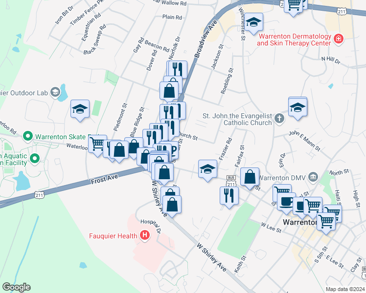 map of restaurants, bars, coffee shops, grocery stores, and more near 57 Sullivan Street in Warrenton