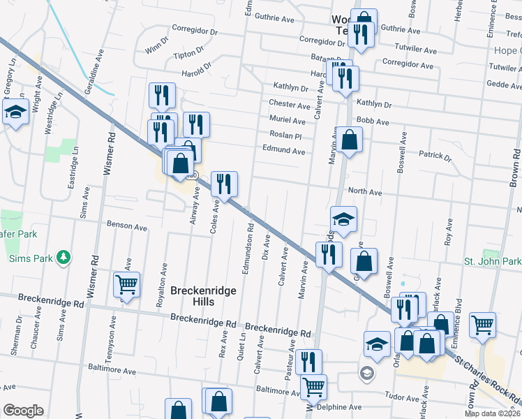 map of restaurants, bars, coffee shops, grocery stores, and more near 9518 Saint Charles Rock Road in St. Louis