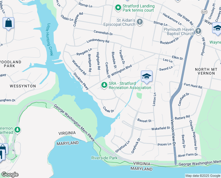 map of restaurants, bars, coffee shops, grocery stores, and more near 8800 Camden Street in Alexandria