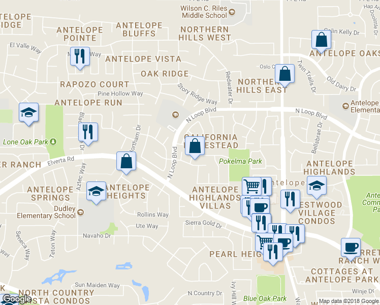 map of restaurants, bars, coffee shops, grocery stores, and more near 3937 Grey Livery Way in Antelope