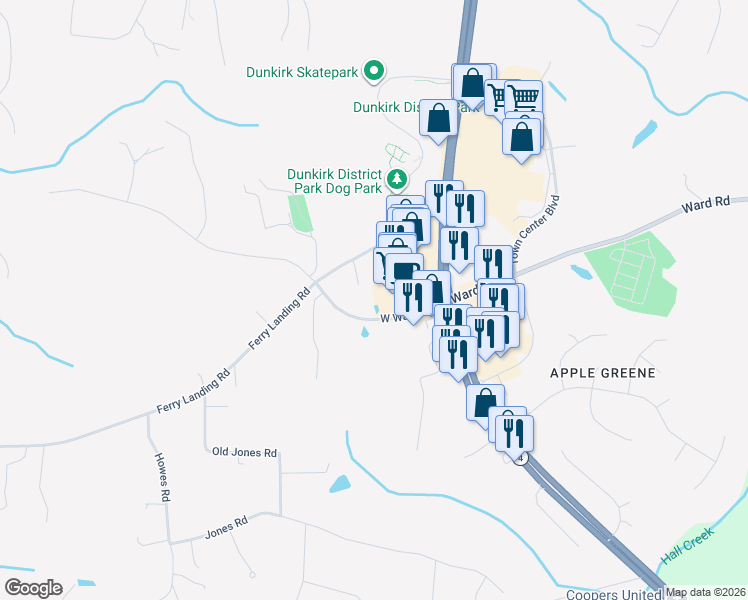 map of restaurants, bars, coffee shops, grocery stores, and more near 3165 West Ward Road in Dunkirk
