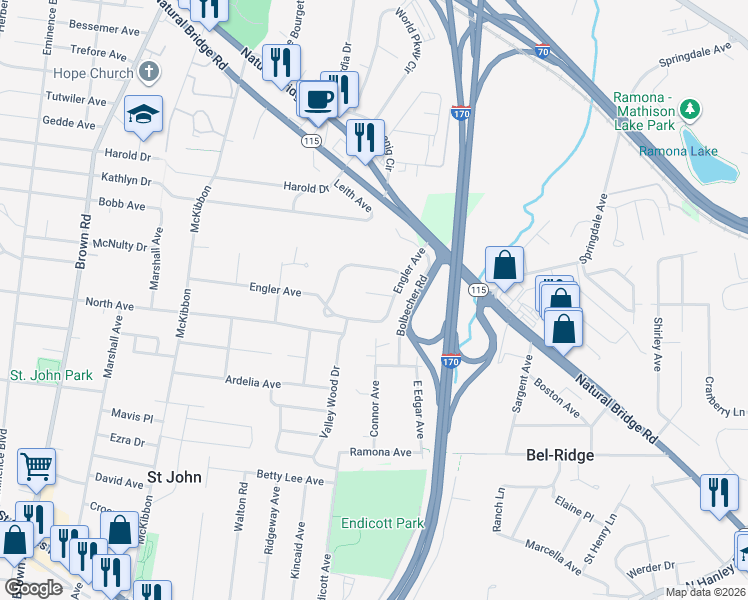 map of restaurants, bars, coffee shops, grocery stores, and more near 8417 Engler Avenue in St. Louis