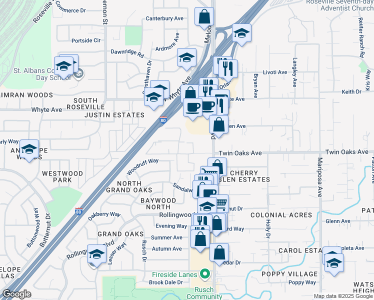 map of restaurants, bars, coffee shops, grocery stores, and more near 7441 Auburn Oaks Court in Citrus Heights