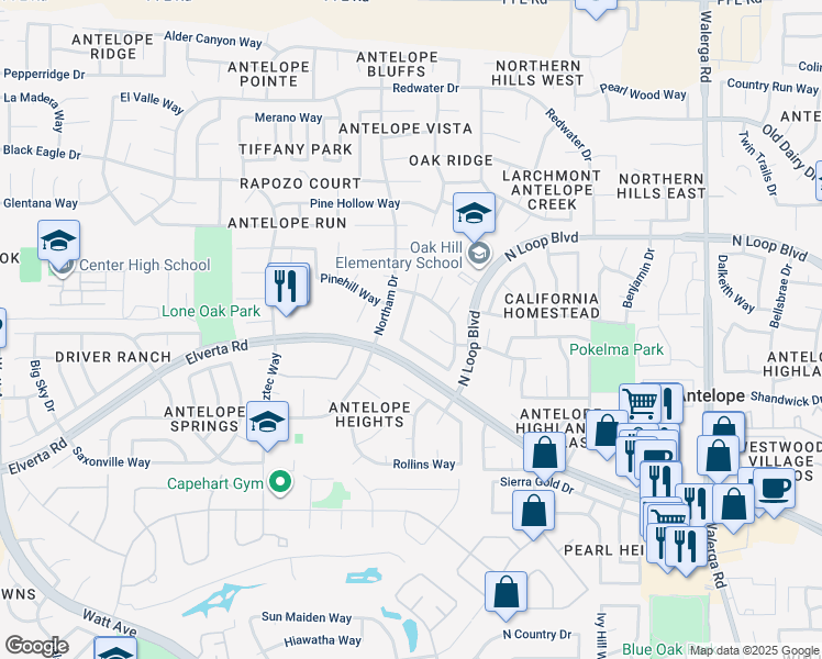 map of restaurants, bars, coffee shops, grocery stores, and more near 8148 Clarion Circle in Antelope