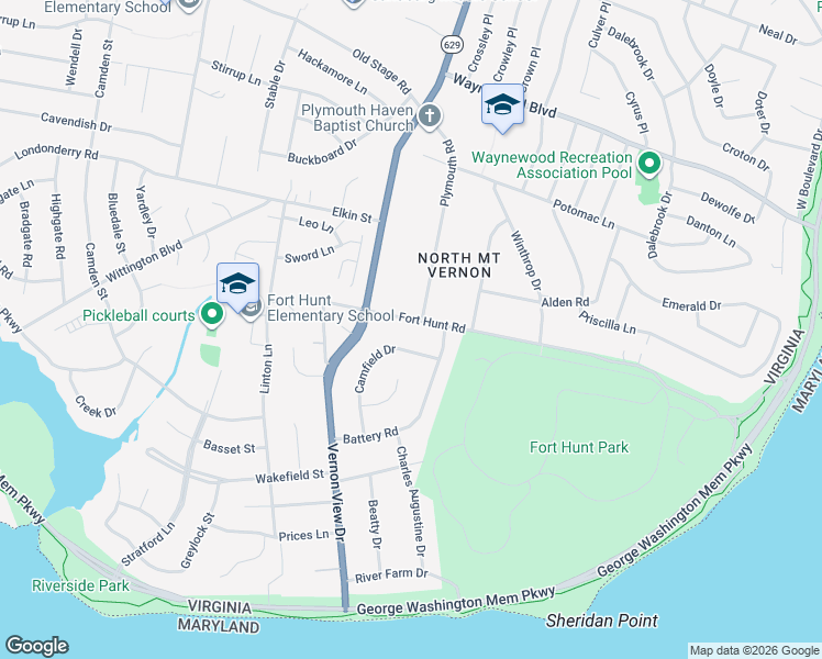 map of restaurants, bars, coffee shops, grocery stores, and more near 8818 Fort Hunt Road in Alexandria