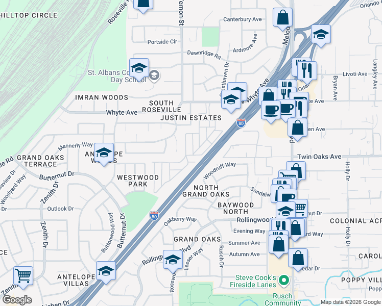 map of restaurants, bars, coffee shops, grocery stores, and more near 57 Poett Place in Citrus Heights