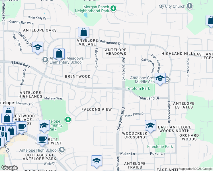 map of restaurants, bars, coffee shops, grocery stores, and more near 4949 Dillon Cross Way in Antelope