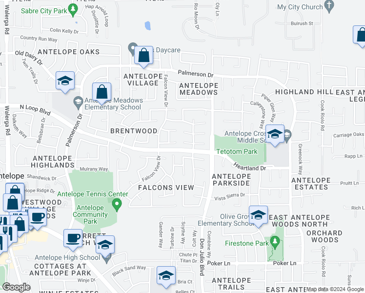 map of restaurants, bars, coffee shops, grocery stores, and more near 4949 Dillon Cross Way in Antelope