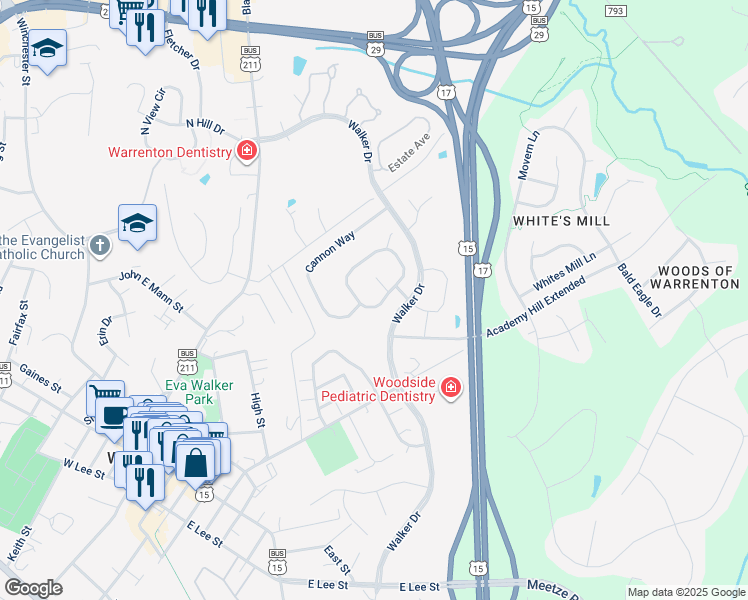 map of restaurants, bars, coffee shops, grocery stores, and more near 321 Singleton Circle in Warrenton