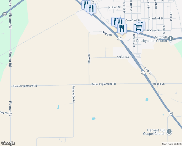 map of restaurants, bars, coffee shops, grocery stores, and more near 817 Parks Implement Road in Mitchell