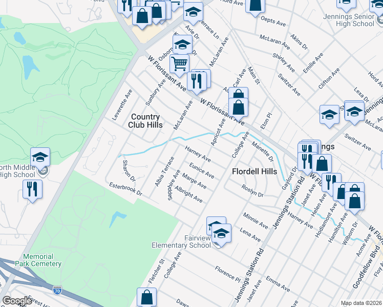 map of restaurants, bars, coffee shops, grocery stores, and more near 5620 Sapphire Avenue in Jennings