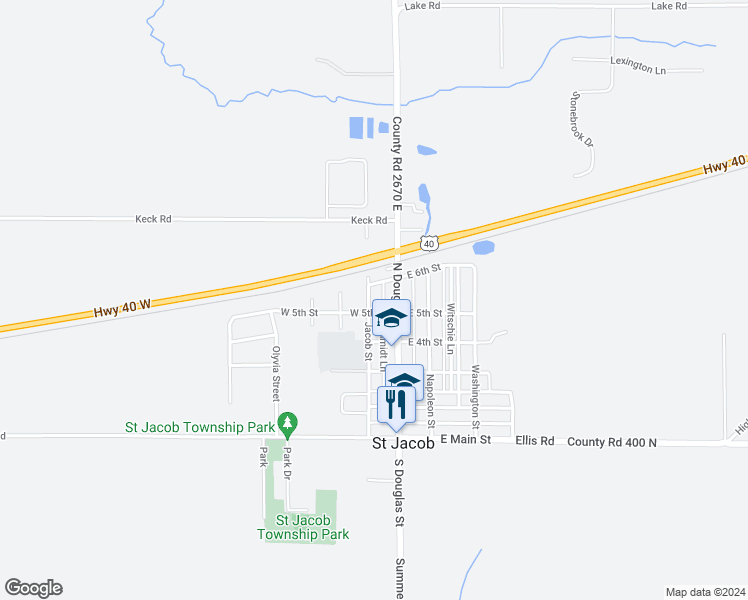 map of restaurants, bars, coffee shops, grocery stores, and more near 504 Jacob Street in Saint Jacob