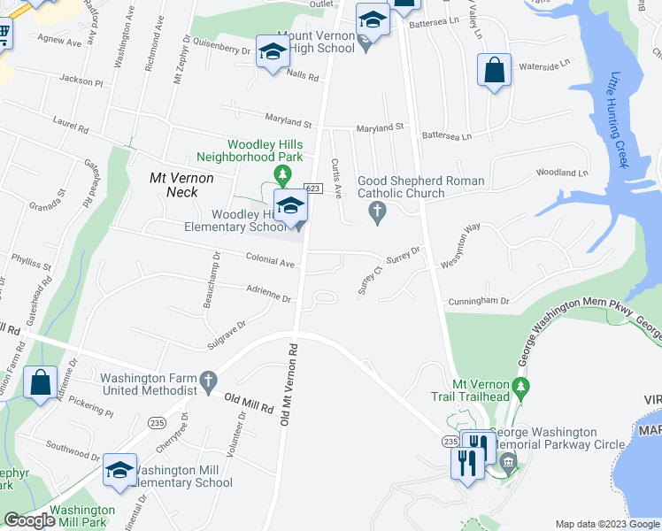 map of restaurants, bars, coffee shops, grocery stores, and more near 3609 Surrey Drive in Alexandria