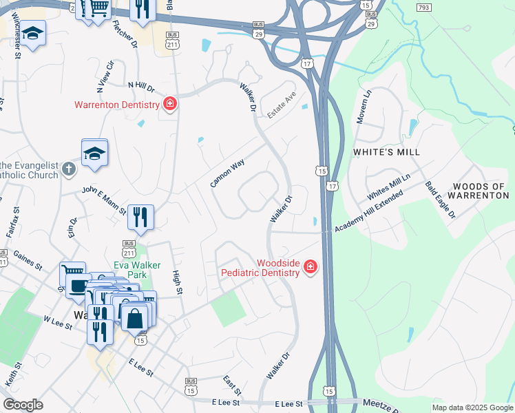 map of restaurants, bars, coffee shops, grocery stores, and more near 321 Singleton Circle in Warrenton