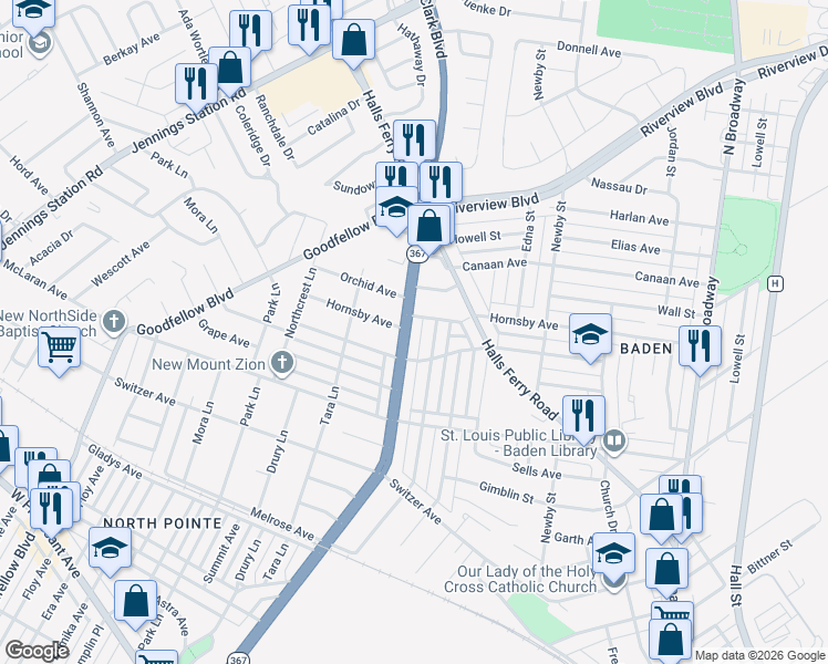 map of restaurants, bars, coffee shops, grocery stores, and more near 1251 Hornsby Avenue in St. Louis