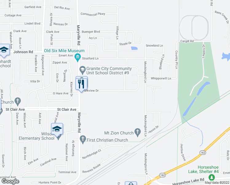 map of restaurants, bars, coffee shops, grocery stores, and more near 2566 Parkview Drive in Granite City
