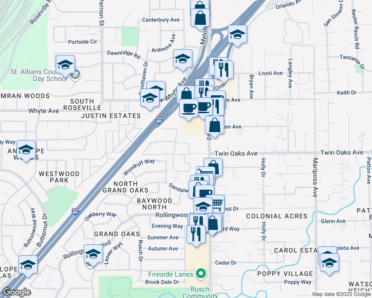 map of restaurants, bars, coffee shops, grocery stores, and more near 7341 Auburn Oaks Court in Citrus Heights
