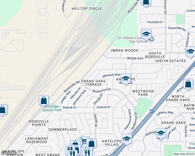 map of restaurants, bars, coffee shops, grocery stores, and more near 8437 Yardley Way in Citrus Heights