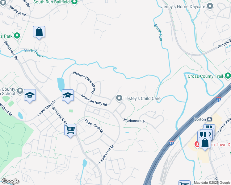 map of restaurants, bars, coffee shops, grocery stores, and more near 8114 American Holly Road in Lorton