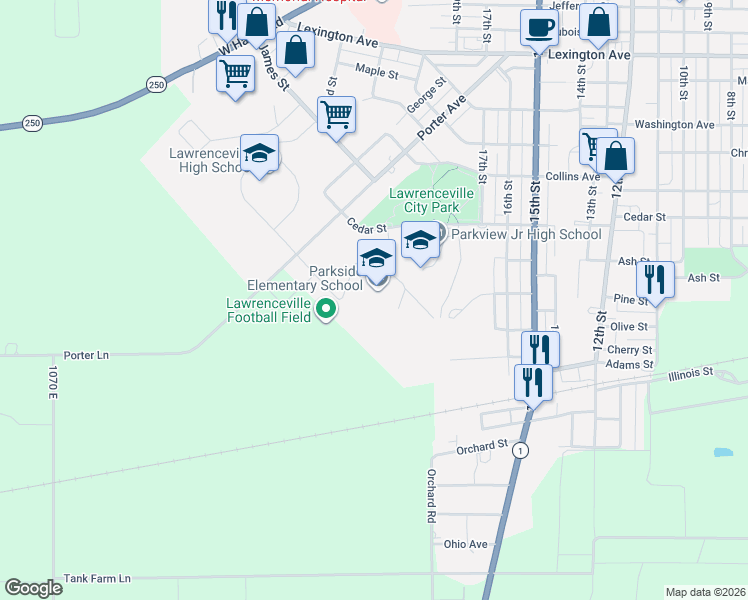 map of restaurants, bars, coffee shops, grocery stores, and more near 1900 Cedar Street in Lawrenceville