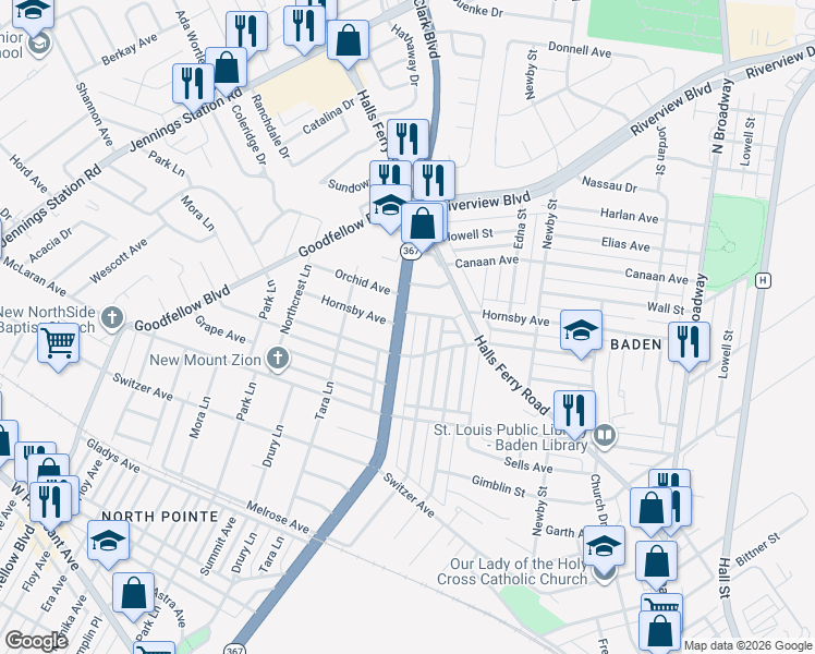 map of restaurants, bars, coffee shops, grocery stores, and more near 1251 Hornsby Avenue in St. Louis