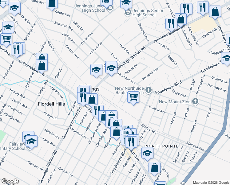 map of restaurants, bars, coffee shops, grocery stores, and more near 2033 Switzer Avenue in Jennings