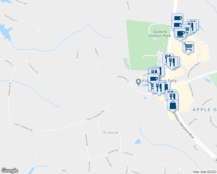 map of restaurants, bars, coffee shops, grocery stores, and more near 3415 Ferry Landing Road in Dunkirk