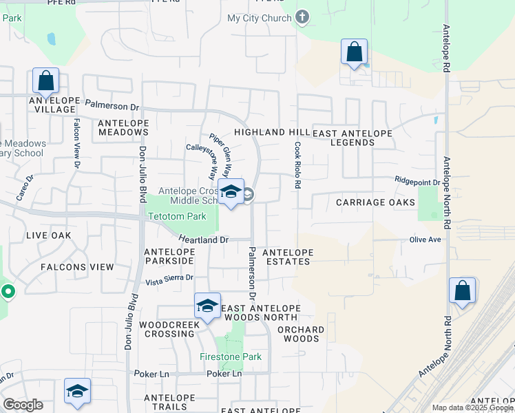map of restaurants, bars, coffee shops, grocery stores, and more near 9145 Palmerson Drive in Antelope
