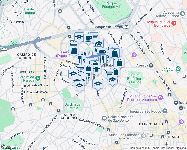 map of restaurants, bars, coffee shops, grocery stores, and more near 347 Rua de São Bento in Lisboa