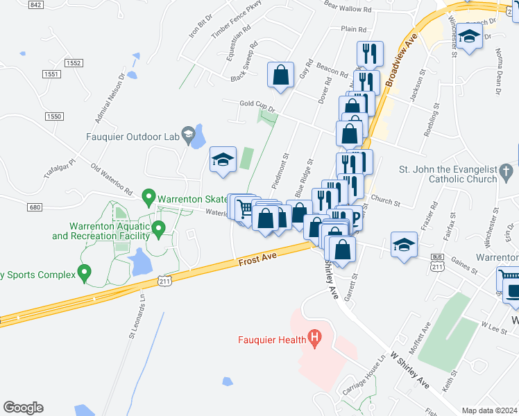 map of restaurants, bars, coffee shops, grocery stores, and more near 635 Waterloo Road in Warrenton