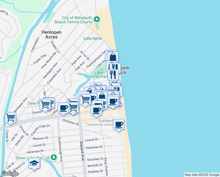 map of restaurants, bars, coffee shops, grocery stores, and more near 16 Virginia Avenue in Rehoboth Beach