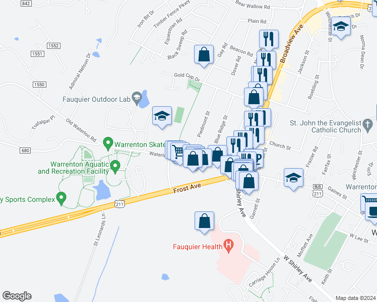 map of restaurants, bars, coffee shops, grocery stores, and more near 635 Waterloo Road in Warrenton