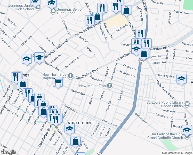 map of restaurants, bars, coffee shops, grocery stores, and more near 1733 Veronica Avenue in St. Louis