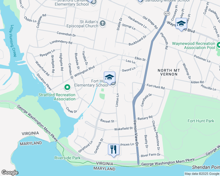 map of restaurants, bars, coffee shops, grocery stores, and more near 8832 Linton Lane in Fort Hunt