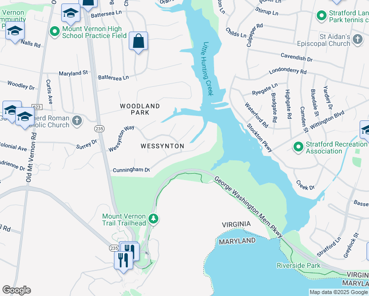 map of restaurants, bars, coffee shops, grocery stores, and more near 3000 Wessynton Way in Alexandria