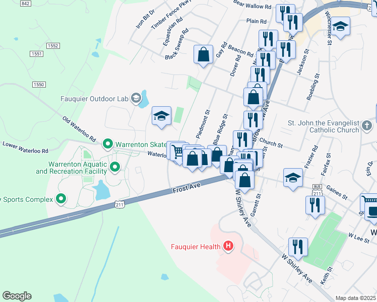 map of restaurants, bars, coffee shops, grocery stores, and more near 635 Waterloo Road in Warrenton