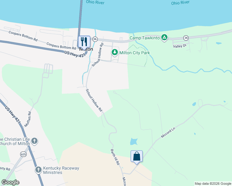 map of restaurants, bars, coffee shops, grocery stores, and more near Whitaker Road in Milton