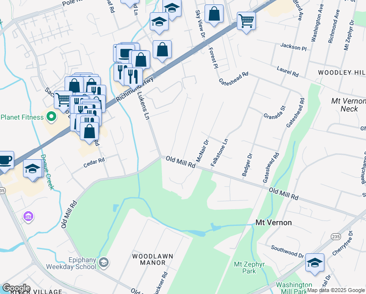 map of restaurants, bars, coffee shops, grocery stores, and more near 8804 Oak Leaf Drive in Alexandria