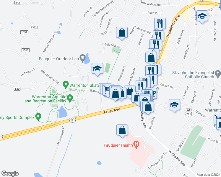 map of restaurants, bars, coffee shops, grocery stores, and more near 641 Waterloo Road in Warrenton