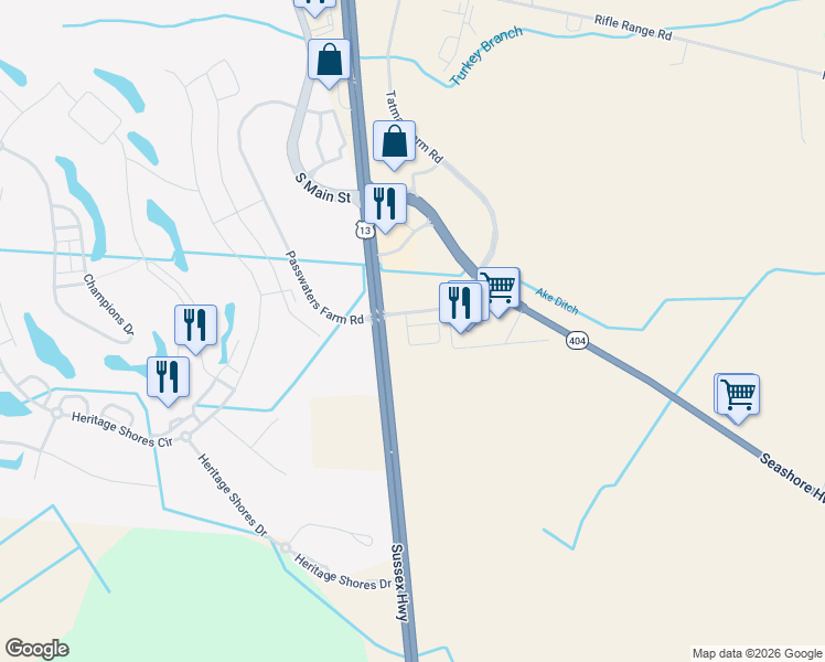 map of restaurants, bars, coffee shops, grocery stores, and more near 9262 Bridgeville Center Road in Bridgeville