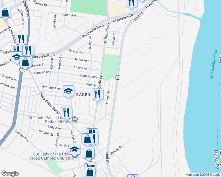 map of restaurants, bars, coffee shops, grocery stores, and more near 8561 Lowell Street in St. Louis