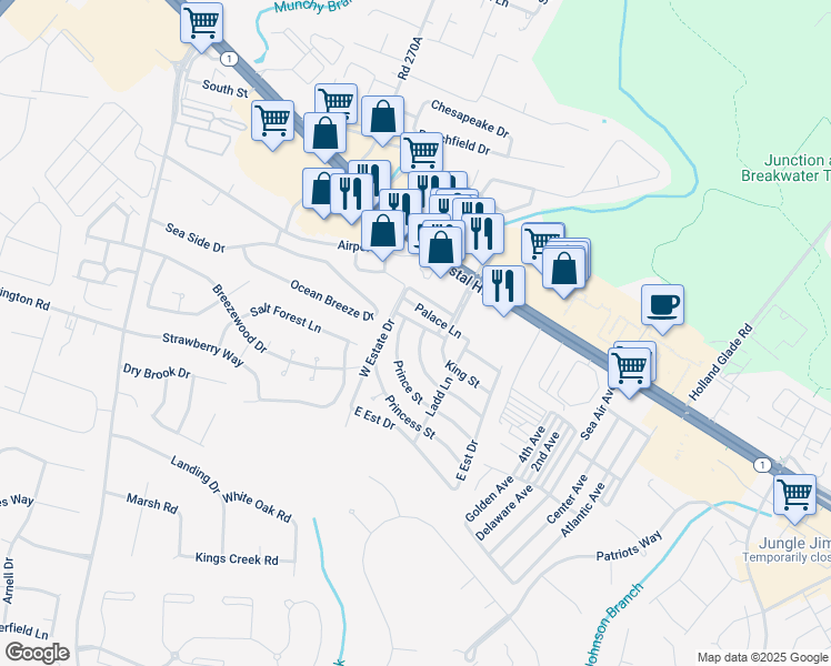map of restaurants, bars, coffee shops, grocery stores, and more near 31 Queen Street in Rehoboth Beach