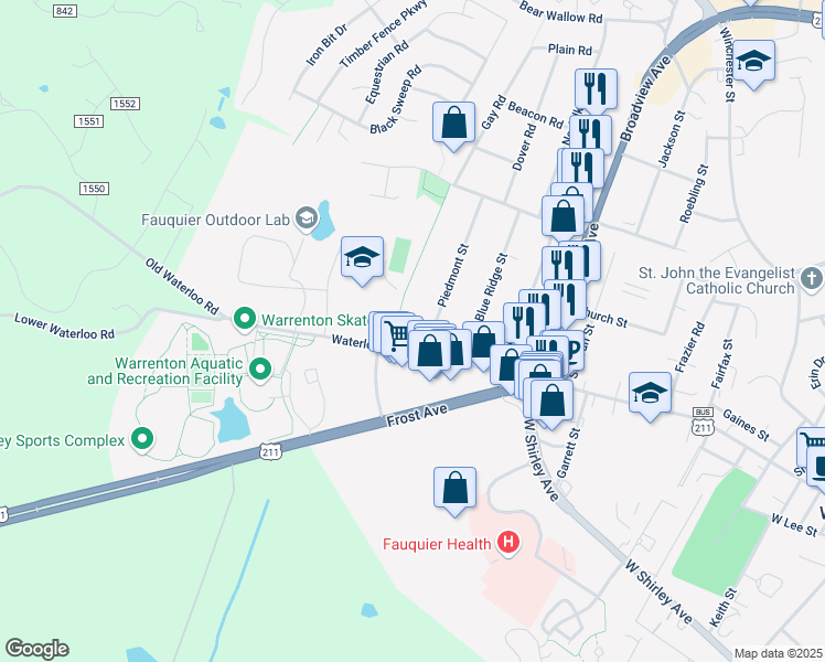 map of restaurants, bars, coffee shops, grocery stores, and more near 641 Waterloo Road in Warrenton