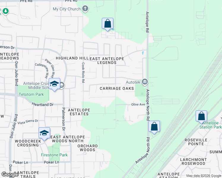 map of restaurants, bars, coffee shops, grocery stores, and more near 8226 Windmill Oaks Place in Antelope