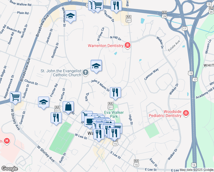 map of restaurants, bars, coffee shops, grocery stores, and more near 210 Louis Street in Warrenton